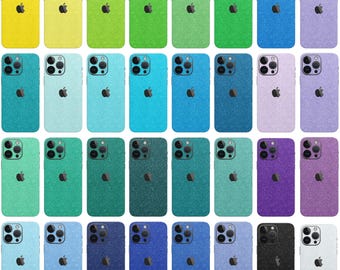 May include: A collection of 36 iPhone cases with various glitter finishes. The cases are arranged in a grid pattern, showcasing a range of colors including yellow, green, blue, purple, and black. Each case features a subtle sparkle effect.