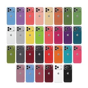 Pode incluir: Uma coleção de capas de telefone coloridas em várias tonalidades, incluindo azul, roxo, vermelho, rosa, amarelo, verde, laranja e preto. Cada capa apresenta um recorte para a câmera e o logotipo da Apple, mostrando um design elegante e moderno.