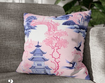 Chinoiserie Decor Pillow Cover Pagoda Blue Chinoiserie Pillow French Country Housewarming Gift Accent Throw Pillow Cover Chinoiserie Art