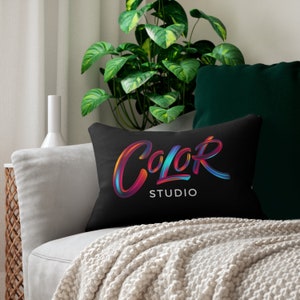 May include: Black throw pillow with the text "Color Studio" in a colorful, 3D-style font.