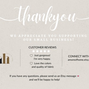 May include: A thank you message for supporting a small business. The message includes a five-star customer review, a logo, and contact information for the business.