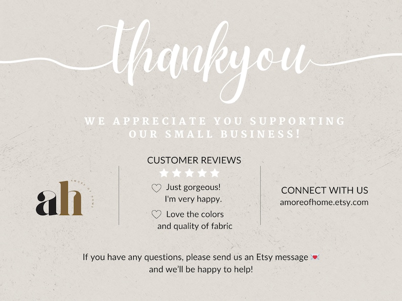 May include: A thank you message for supporting a small business. The message includes a five-star customer review, a logo, and contact information for the business.