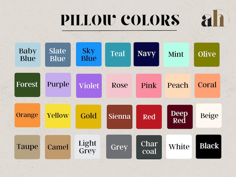 Pode incluir: Um gr&aacute;fico que mostra uma variedade de cores de almofadas, incluindo azul beb&ecirc;, azul ard&oacute;sia, azul c&eacute;u, turquesa, azul marinho, menta, oliva, floresta, roxo, violeta, rosa, rosa, p&ecirc;ssego, coral, laranja, amarelo, dourado, siena, vermelho, vermelho escuro, bege, bege, camelo, cinza claro, cinza, carv&atilde;o, branco e preto.