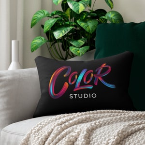 Pode incluir: Travesseiro preto com um logotipo "Color Studio" colorido em estilo 3D.