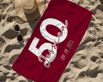 50th Birthday Gift Personalized Beach Towel Custom Birthday Beach Towel Name Beach Towel 50th Birthday Party Gift Pool Towel Vacation Gift