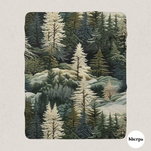 May include: A digital illustration of a forest scene with a repeating pattern of green, blue, and white trees. The trees are stylized and have a whimsical feel.