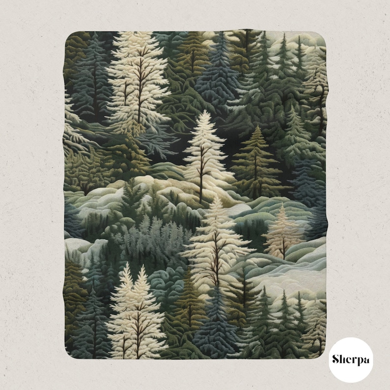 May include: A digital illustration of a forest scene with a repeating pattern of green, blue, and white trees. The trees are stylized and have a whimsical feel.