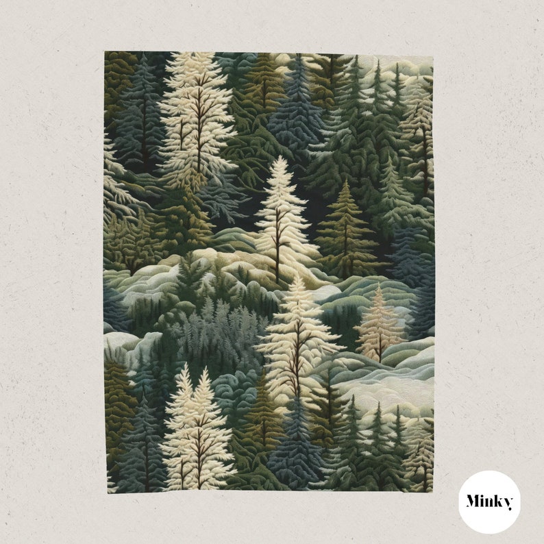 May include: A digital illustration of a forest scene with a variety of green, blue, and white trees. The trees are arranged in a layered pattern, creating a sense of depth and perspective.