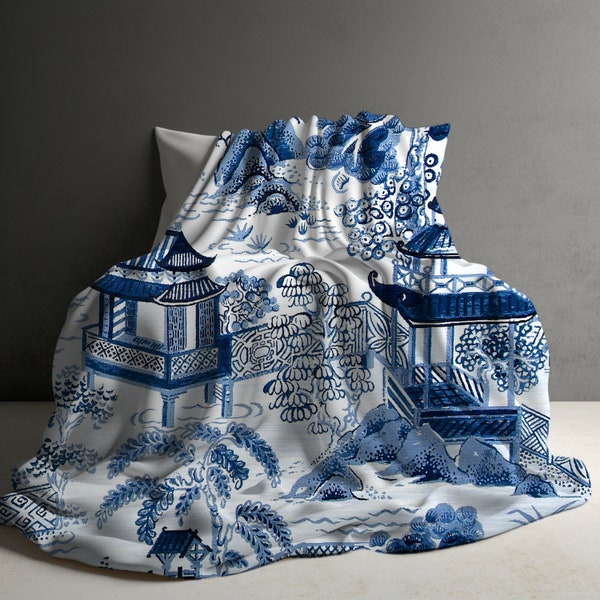 Chinoiserie Art Blanket Pagoda Chinoiserie Decor Blanket Soft Blue Chinoiserie Blanket Minky Sofa Throw Blanket Bed French Home Decor Gift