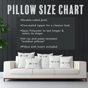 Pode incluir: Um sof&aacute; branco com cinco almofadas de tamanhos diferentes. As almofadas est&atilde;o etiquetadas com suas dimens&otilde;es em polegadas. O texto "PILLOW SIZE CHART" est&aacute; no topo da imagem. O texto abaixo do gr&aacute;fico lista as caracter&iacute;sticas das almofadas, incluindo impress&atilde;o de dupla face, z&iacute;per oculto, poli&eacute;ster fiado, raios UV e resist&ecirc;ncia &agrave; &aacute;gua, e almofada com enchimento inclu&iacute;do.