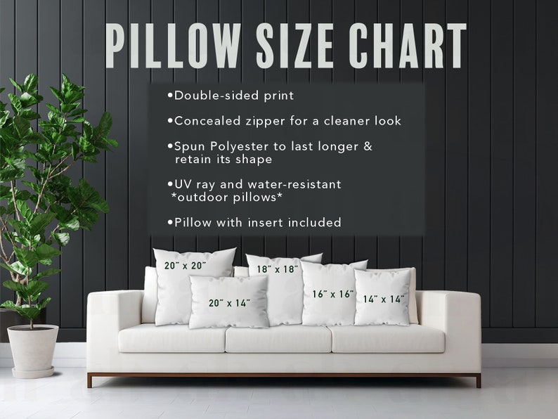 Pode incluir: Um sof&aacute; branco com cinco almofadas de tamanhos diferentes. As almofadas est&atilde;o etiquetadas com suas dimens&otilde;es em polegadas. O texto "PILLOW SIZE CHART" est&aacute; no topo da imagem. O texto abaixo do gr&aacute;fico lista as caracter&iacute;sticas das almofadas, incluindo impress&atilde;o de dupla face, z&iacute;per oculto, poli&eacute;ster fiado, raios UV e resist&ecirc;ncia &agrave; &aacute;gua, e almofada com enchimento inclu&iacute;do.