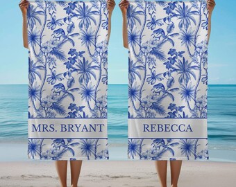 Custom Bachelorette Gift Personalized Beach Towel Vintage Chinoiserie Towel Custom Name Beach Towel Mothers Day Gift For Bride Wedding Gift