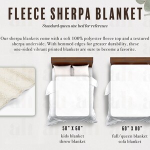 May include: Two white sherpa fleece blankets on beds, one 50 inches by 60 inches and the other 60 inches by 80 inches. The smaller blanket is labeled "kids blanket, throw blanket" and the larger blanket is labeled "full/queen blanket, sofa blanket".