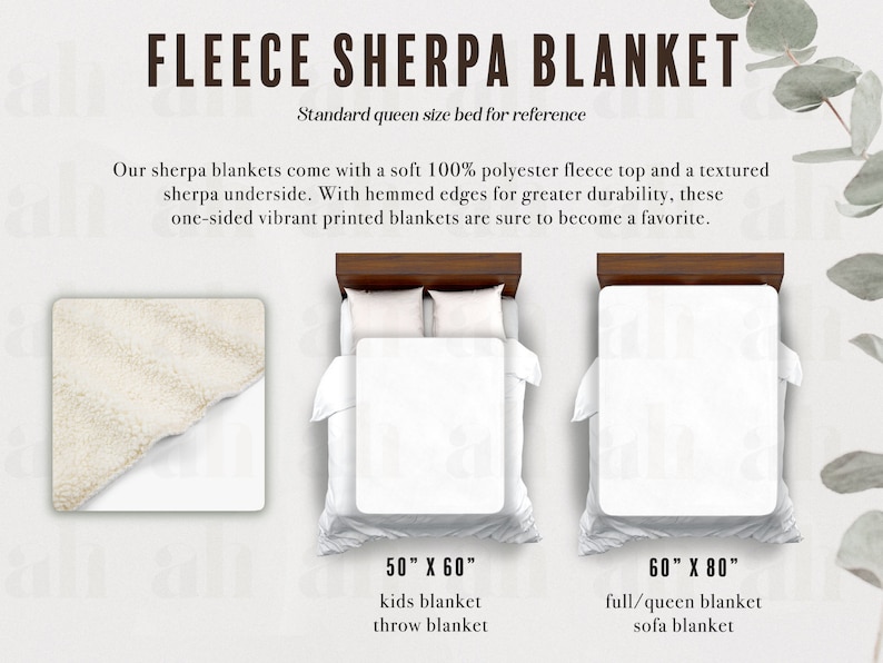 May include: Two white sherpa fleece blankets on beds, one 50 inches by 60 inches and the other 60 inches by 80 inches. The smaller blanket is labeled "kids blanket, throw blanket" and the larger blanket is labeled "full/queen blanket, sofa blanket".