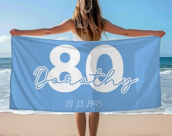80th Birthday Gift Personalized Beach Towel Custom Birthday Beach Towel Name Beach Towel 80th Birthday Party Gift For Mom Custom Pool Towel