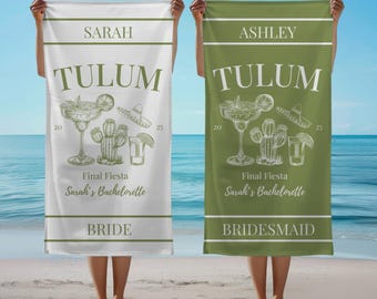 May include: Two white beach towels with green text and illustrations. The top towel says "SARAH TULUM Final Fiesta Sarah's Bachelorette BRIDE" and the bottom towel says "ASHLEY TULUM Final Fiesta Sarah's Bachelorette BRIDESMAID".
