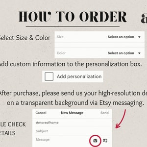 Pode incluir: Como encomendar um produto personalizado. Selecione o tamanho e a cor, adicione informa&ccedil;&otilde;es personalizadas na caixa de personaliza&ccedil;&atilde;o e envie um design de alta resolu&ccedil;&atilde;o em um fundo transparente por meio das mensagens do Etsy.