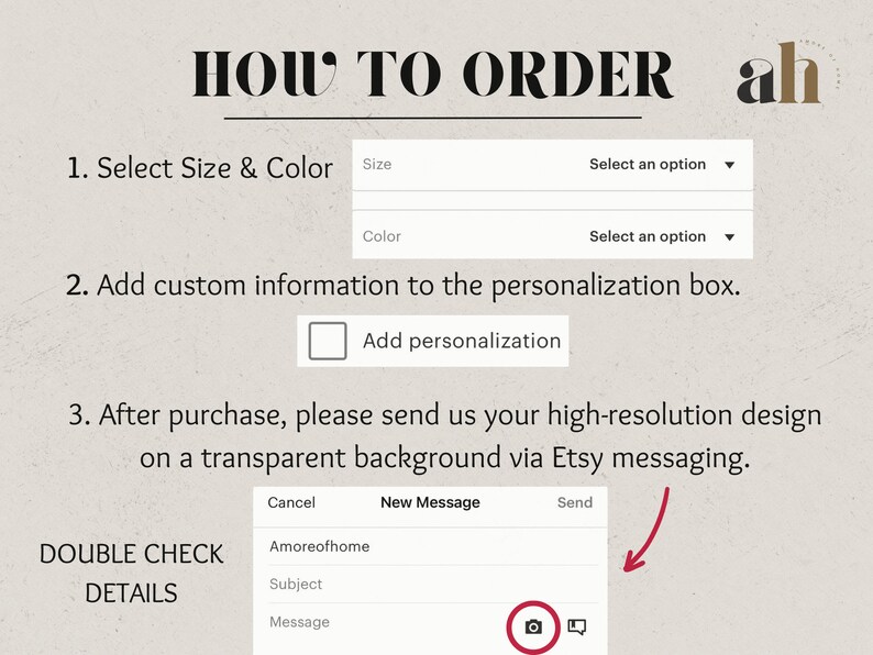 Pode incluir: Como encomendar um produto personalizado. Selecione o tamanho e a cor, adicione informa&ccedil;&otilde;es personalizadas na caixa de personaliza&ccedil;&atilde;o e envie um design de alta resolu&ccedil;&atilde;o em um fundo transparente por meio das mensagens do Etsy.