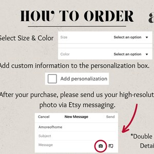 May include: How to order a personalized product. Select the size and color, add custom information to the personalization box, and send a high-resolution photo via Etsy messaging. Double check the details before sending.