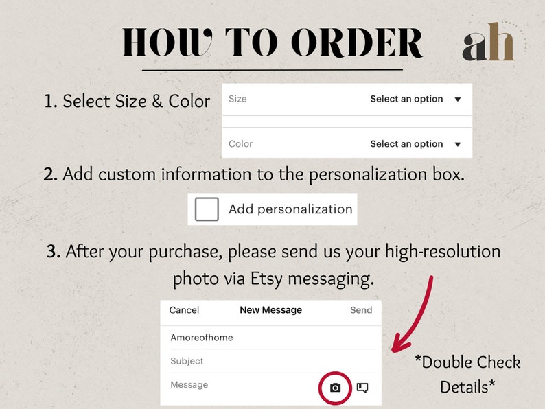 May include: How to order a personalized product. Select the size and color, add custom information to the personalization box, and send a high-resolution photo via Etsy messaging. Double check the details before sending.