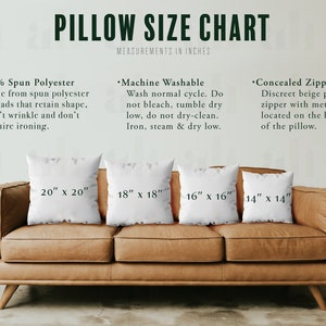 May include: A brown leather couch with four white throw pillows. The pillows are labeled with their dimensions in inches: 20" x 20", 18" x 18", 16" x 16", and 14" x 14". The text above the couch describes the pillow material, care instructions, and zipper details.