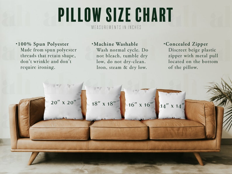 May include: A brown leather couch with four white throw pillows. The pillows are labeled with their dimensions in inches: 20" x 20", 18" x 18", 16" x 16", and 14" x 14". The text above the couch describes the pillow material, care instructions, and zipper details.