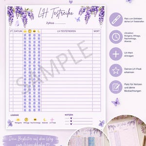 May include: A printable PDF LH Teststreifen Tracker featuring a purple wisteria floral design. The document includes a grid for tracking cycle dates, times, and LH test strip results, with sections for notes and a legend. Includes butterfly accents.