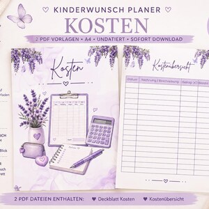 Könnte beinhalten: Ein druckbares Planer-Set mit Deckblatt und Kostenübersicht, verziert mit Lavendel-Illustrationen. Der Text umfasst 'KINDERWUNSCH PLANER', 'KOSTEN' und 'Kostenübersicht'. Das Design zeigt ein Klemmbrett, einen Taschenrechner, ein Notizbuch und einen Stift in verschiedenen Violett- und Weißtönen.