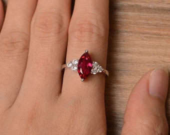 Anniversary ring, lab garnet ring, January birthstone marquise cut red gemstone, sterling silver ring