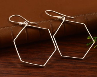 Sterling silver Hexagon Hoop Earrings. Large Hexagon Hoops. Geometric Sterling Silver Hoop Earrings.