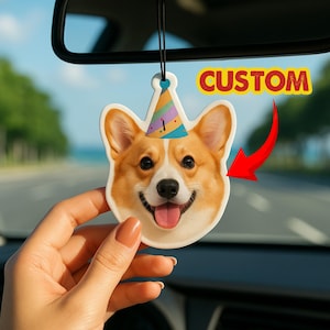 Personalized Cat/Dog Photo With Birthday Hat Car Air Freshener, Custom Pet Photo For Car Hanging, Car Decor, Anniversary Gift Ideas