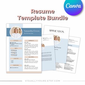 May include: A resume template bundle with a modern design. The templates feature a light blue and beige color scheme, with sections for contact information, skills, experience, and education. The text "Resume Template Bundle" is displayed at the top.