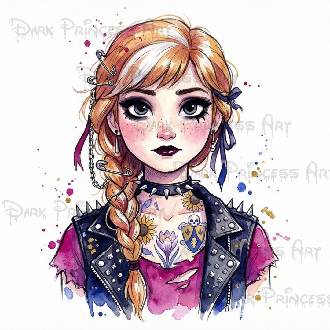 Watercolor Disney Punk Princess PNG Bundle - Rock & Metal Style Clipart ...