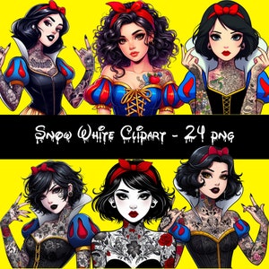 Peut inclure: Une illustration numérique de six personnages de Blanche-Neige avec des tatouages et des nœuds rouges dans les cheveux. Les personnages portent des robes noires et rouges avec des accents blancs. L'arrière-plan est jaune.