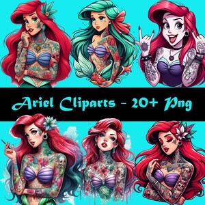 Puede incluir: Ilustraciones digitales de Ariel, la Sirenita, con cabello rojo y turquesa, sujetadores de concha y tatuajes. El texto "Ariel Cliparts - 20+ Png" se muestra sobre un fondo turquesa. Estilo de dibujos animados.