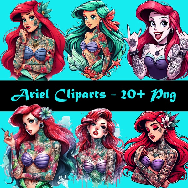 Princess ARIEL CLIPART BUNDLE For Personal Use Little Mermaid Watercolor Artwork Rock Punk Gothic Tatoos