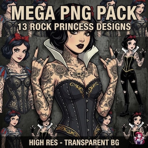 May include: Digital art featuring a collection of 13 "Rock Princess" designs. The images showcase Snow White-inspired characters with tattoos, corsets, and edgy accessories. Text includes "MEGA PNG PACK" and "HIGH RES - TRANSPARENT BG".
