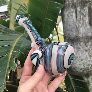 White and Blue Fade Colorflow Sherlock Glass Pipe - Handmade American Glass - Heady Glass Art