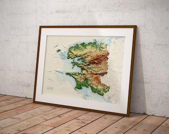 Map of the department of Finistère, old style, relief effect (Brittany)