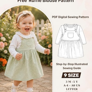 May include: A PDF digital sewing pattern for a pinafore dress and a ruffle blouse. The image displays a child wearing a light green floral pinafore dress over a white long-sleeve ruffle blouse, alongside a technical line drawing of the garments.