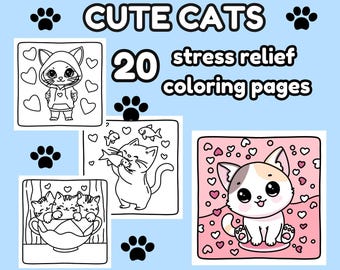 Cute Cat Coloring Pages - Stress Relief Fun for All Ages, for Cat Lovers, downloadable PDF