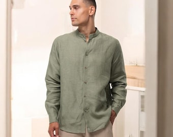 Men’s Linen Shirt with Standing Collar, Long Sleeve, Belgian Linen