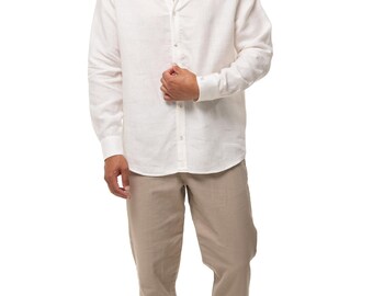 Men’s Linen Shirt with V-Shaped Collar, Long Sleeve, Belgian Linen