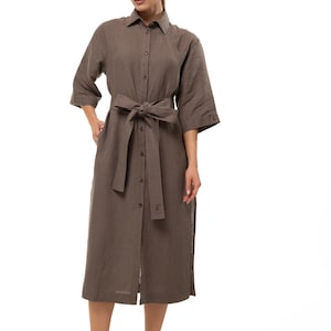 Women&#39;s Maxi Belgian 100% Linen Button-Down Shirt Dress - Summer, Natural, Loose Fit