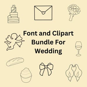 May include: A set of black and white line art illustrations for wedding invitations, cards, and other wedding stationery. The illustrations include a wedding cake, a bouquet of flowers, a wedding invitation envelope, a pair of doves, a wine glass, a bow, a loaf of bread, a cupcake, and a cupid with an arrow.