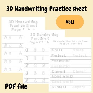 Handgeschreven 3D-oefenblad, werkblad met 3D-letters, oefenblad schrijven, werkblad, digitaal, Engels nummer, terug naar school