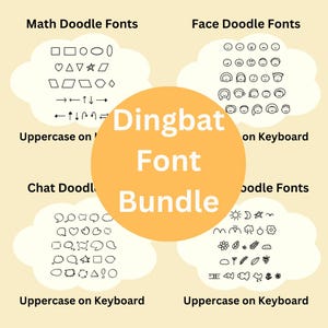 Può includere: Un'illustrazione di graphic design di una collezione di font doodle. I font sono classificati come Math Doodle Fonts, Face Doodle Fonts, Chat Doodle Fonts e Nature Doodle Fonts. L'immagine include il testo "Dingbat Font Bundle".