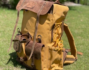 50 Liter Camping Backpack Handmade Leather and Waxed Canvas, bikers bag best to welcome spring gift for him