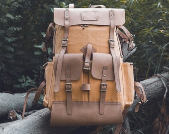 Handmade 40L Waxed Canvas Backpack: Genuine Leather Camping Hiking Bag
