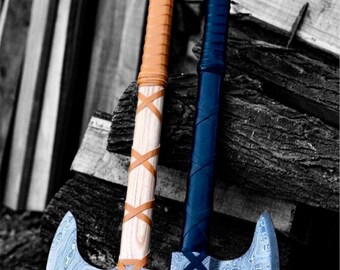 Handmade Damascus Steel Viking Axe: Ragner Style, Leather Sheath